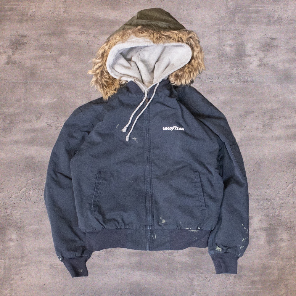 Y2K MA-1 Goodyear Tire Faded Distressed Bomber Vetements Style Faded Navy Jacket